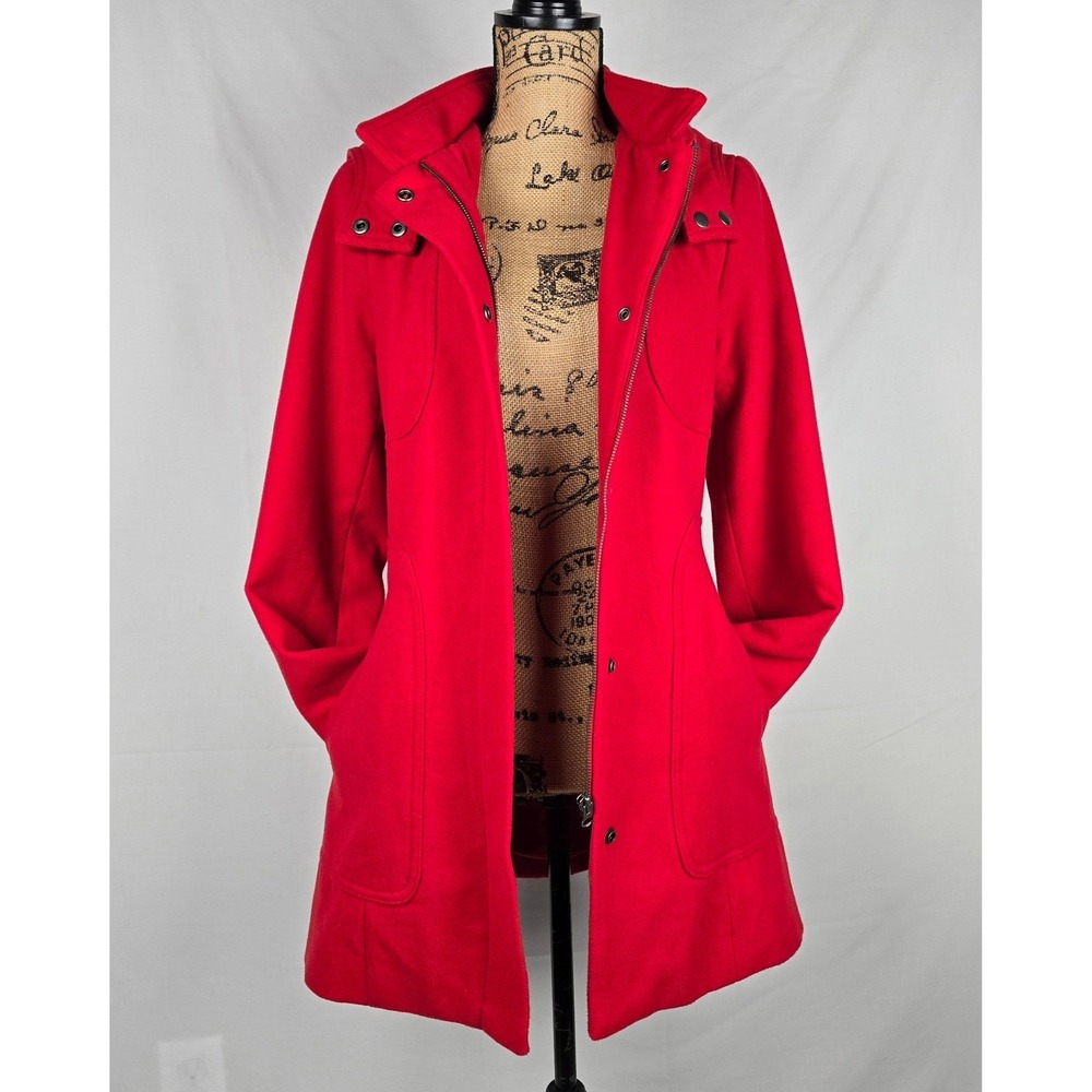 Merona Womens Red Hooded Pea Coat Jacket Zip Snap Front Medium